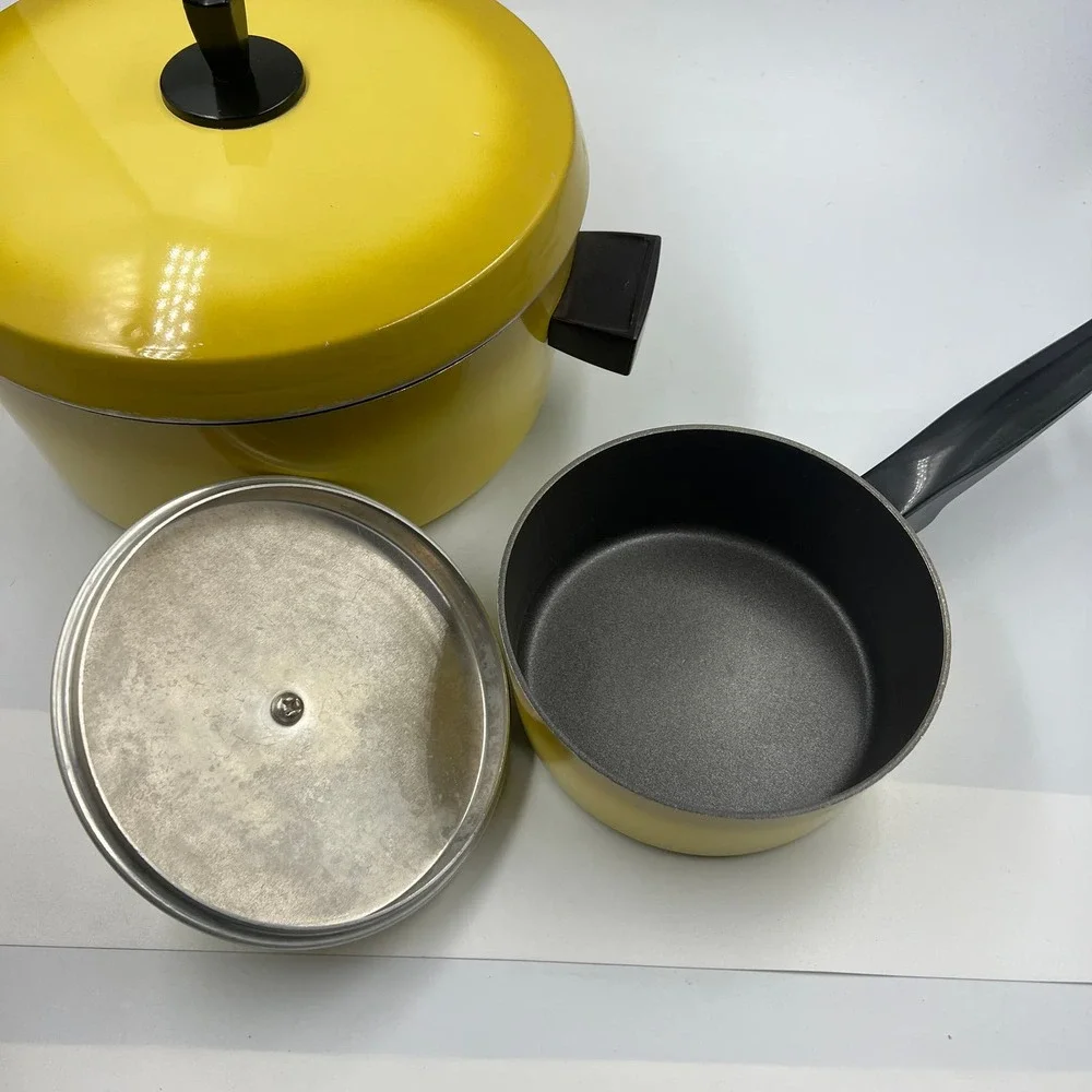 Vintage MidCentury Modern Yellow 2 Pot Set Sauce Pan Soup Pan 1 & 5 Quart 1970's